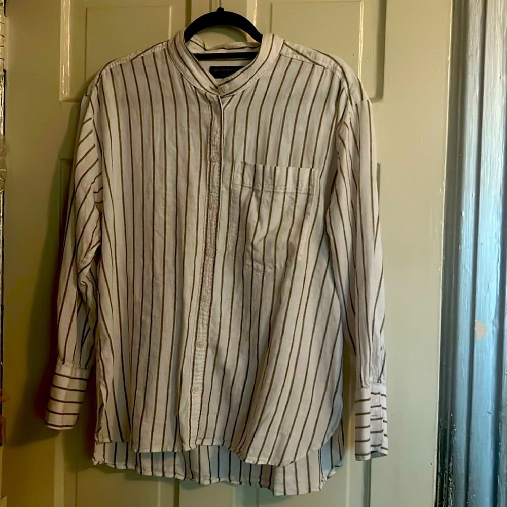 Banana Republic linen blend blouse in a beige and brown vertical striped pattern